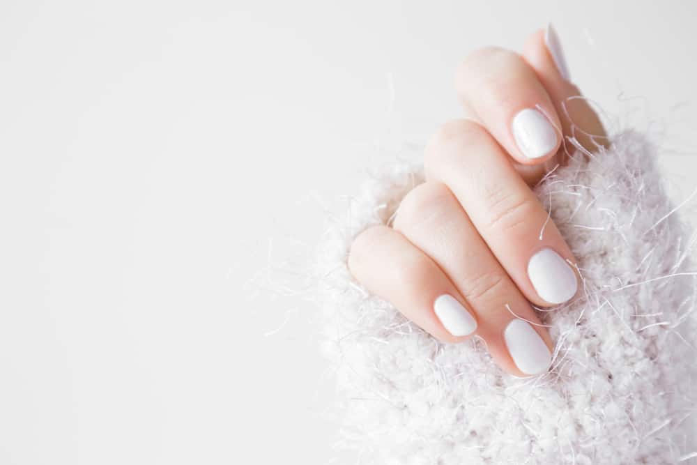 Beautiful groomed woman's hands with white nails on the light gray background