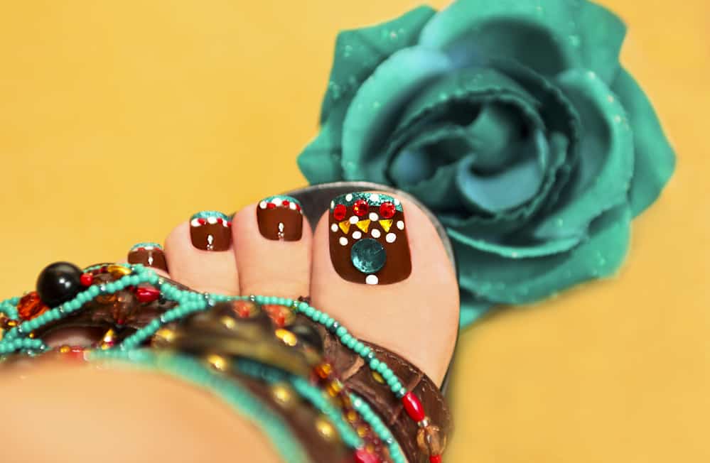 Brown turquoise design pedicure